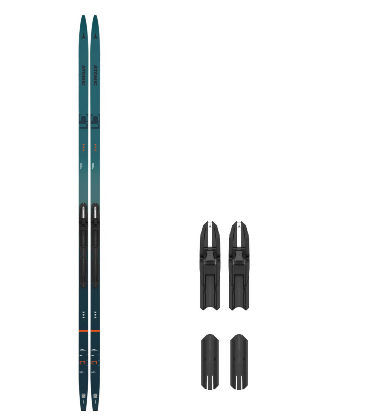 Atomic C1 SKIN längdpaket with bindings and boots displayed on a white background, showcasing the complete ski set.