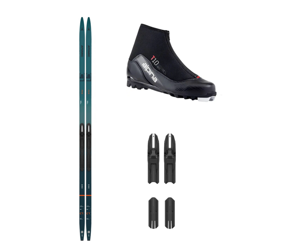 Atomic C1 SKIN längdpaket with bindings and boots, showcasing sleek design and durable materials for cross-country skiing.