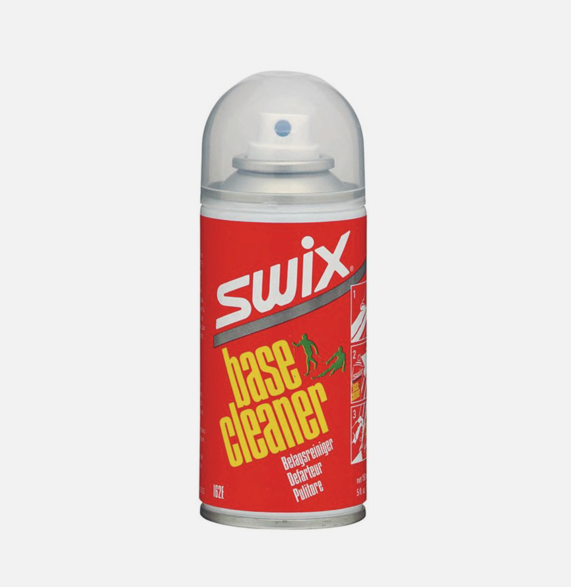 Swix Base Cleaner bottle with label, designed for cleaning ski bases, featuring a clear liquid inside.