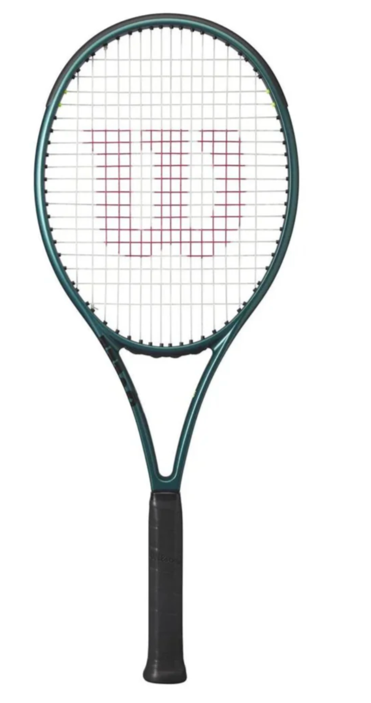 Wilson Blade 100L V10 tennis racket with a sleek design and green accents, displayed against a neutral background.