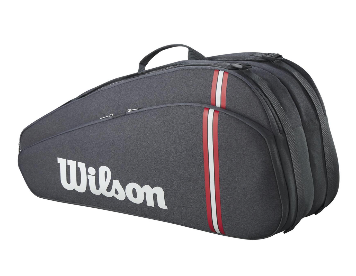 Wilson Tour 6PK tennis bag featuring spacious compartments and a sleek design for tennis gear organization.