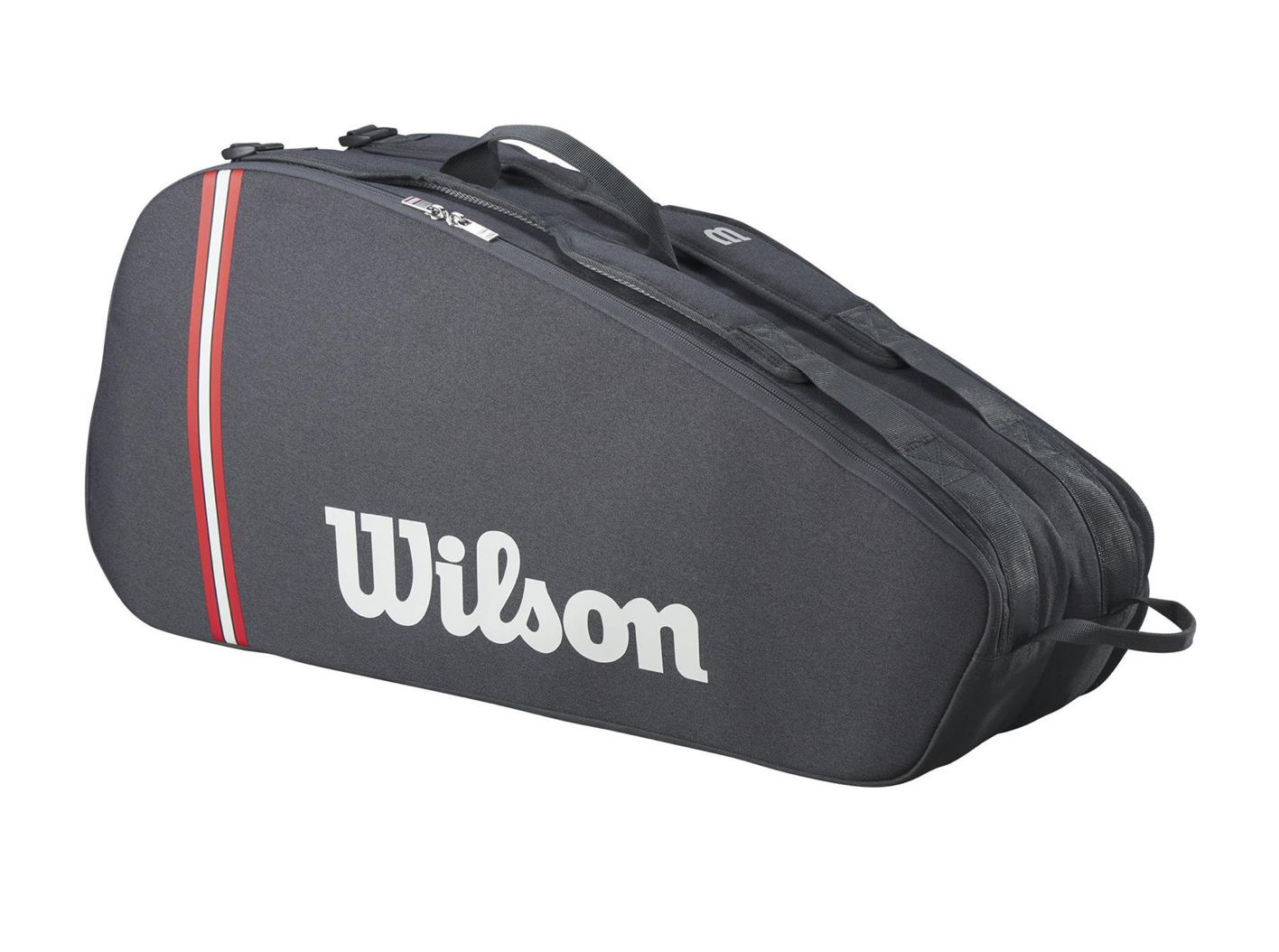 Wilson Tour 6PK tennis bag in black with multiple compartments and a sleek design, ideal for carrying tennis gear.